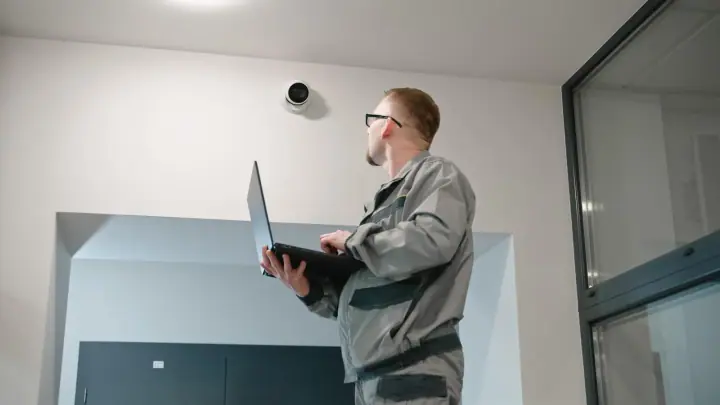 Uzstādītājs uniformā ar klēpjdatora palīdzību izveido drošības kameru biroja telpā. Vīrietis ar brillēm pārbauda videonovērošanas kameras datorprogrammā. Uzraudzības sistēma. Uzraudzības sistēmas un privātuma koncepcija.