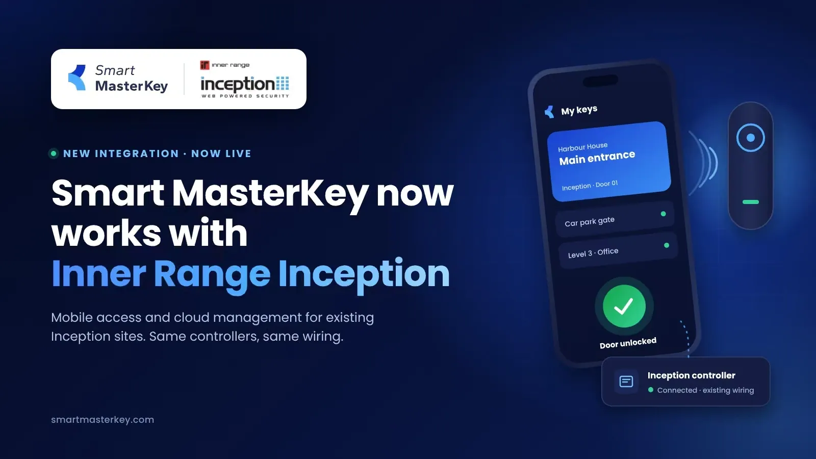Smart MasterKey funktioniert jetzt mit Inner Range Inception: ein Smartphone öffnet eine Tür über einen vorhandenen Inception Controller