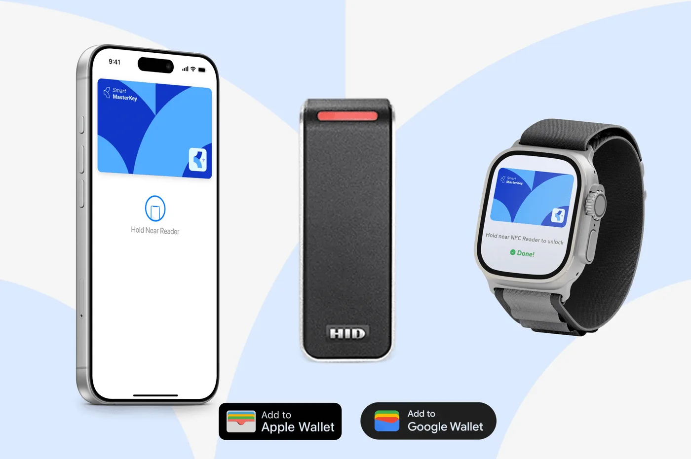 Smart MasterKey Schlüssel in Apple Wallet auf einem iPhone und einer Apple Watch neben einem HID-Leser, mit den Buttons Add to Apple Wallet und Add to Google Wallet